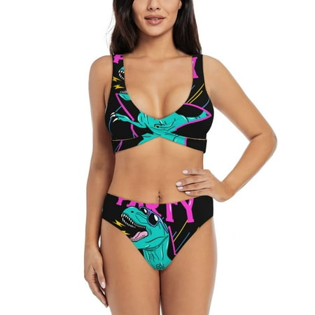 Zeuib Rex Dinosaur With Sunglasses High Waisted Tummy Control Bikini Set - Knot Front Push Up Top & Cheeky Thong Bottom  Two-Piece Swimsuit for Women-Small