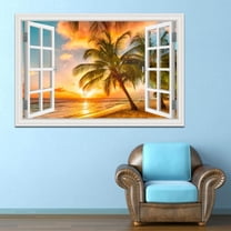 3D Beach Landscape Fake Window Poster Sticker Self-adhesive Seaside Coconut Tree Wallpaper Peel and Stick for Kitchen Living Rom Decor