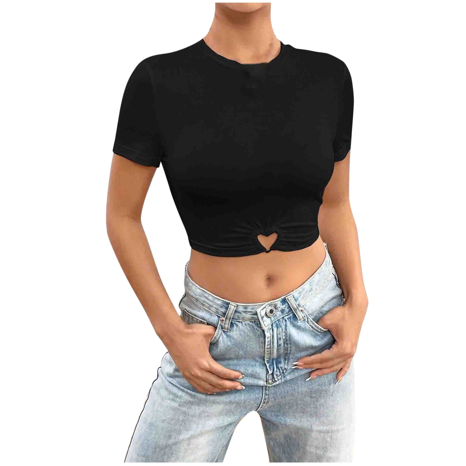 AherBiu Hauts de Sortie pour Femmes Crop Tops Ajustés Extensibles Col Rond Manches Courtes Couleur Unie T-Shirts Ajourés