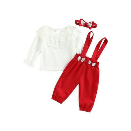 

Frobukio 3Pcs Newborn Baby Girls Spring Outfits Long Sleeve Ruffle Tops + Solid Color Suspender Pants + Headband Red 0-3 Months