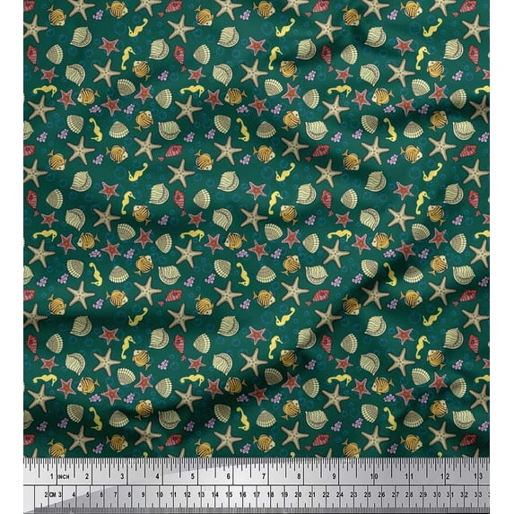 Soimoi Viscose Chiffon Fabric Seashell,Starfish & Sea Horse Ocean Print Fabric by The Yard 42 Inch Wide