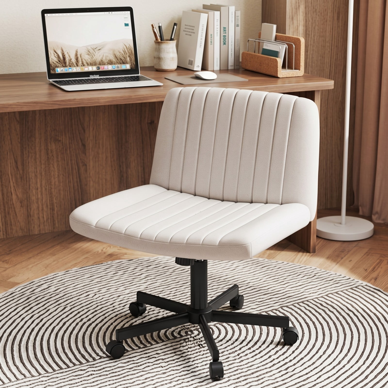 Furnibear Criss Cross Desk Chair with Wheels, Cross-Legged Swivel Home Office Task Chair, Height Adjustable Armless Rolling Computer Chair with Padded Wide, Beige