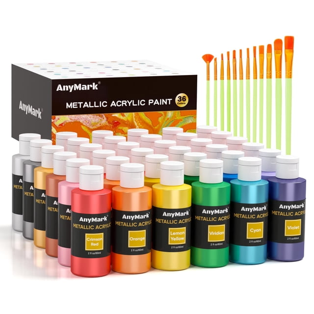 Set de pintura acrílica metalizada AnyMark, 36 colores, 60 ml, 12 pinceles