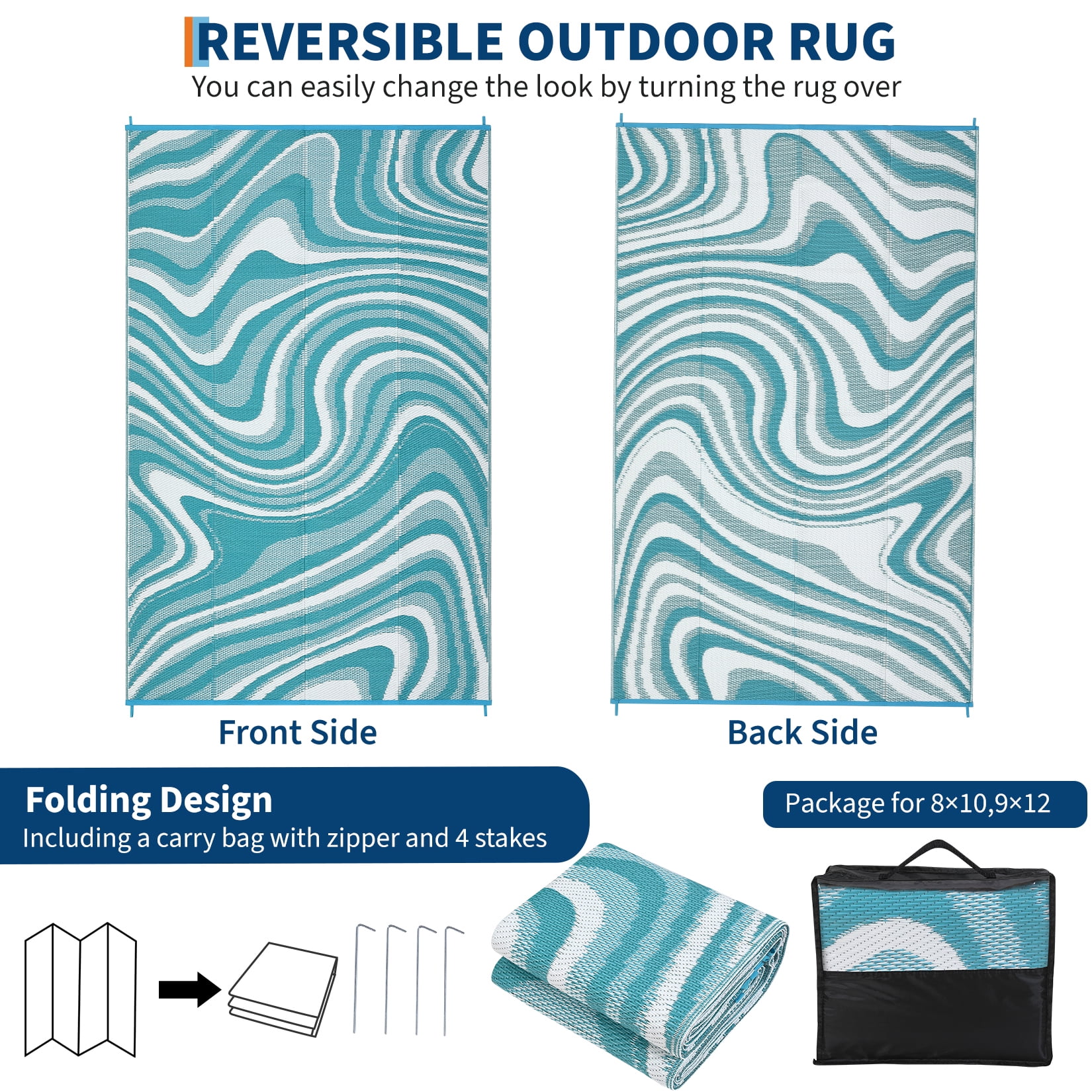 Haperlare Outdoor Rug 9'x12' Waterproof Reversible Camping Rugs, Modern Abstract Plastic Straw Rug Carpet for Patio Picnic Backyard Deck, Light Blue