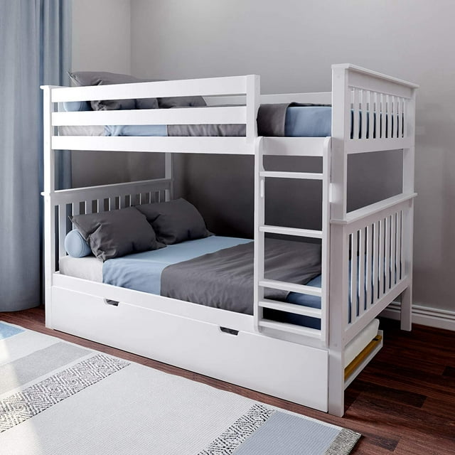 BEDSMART Solid Wood Full Over Full Bunk Bed With Trundle | White