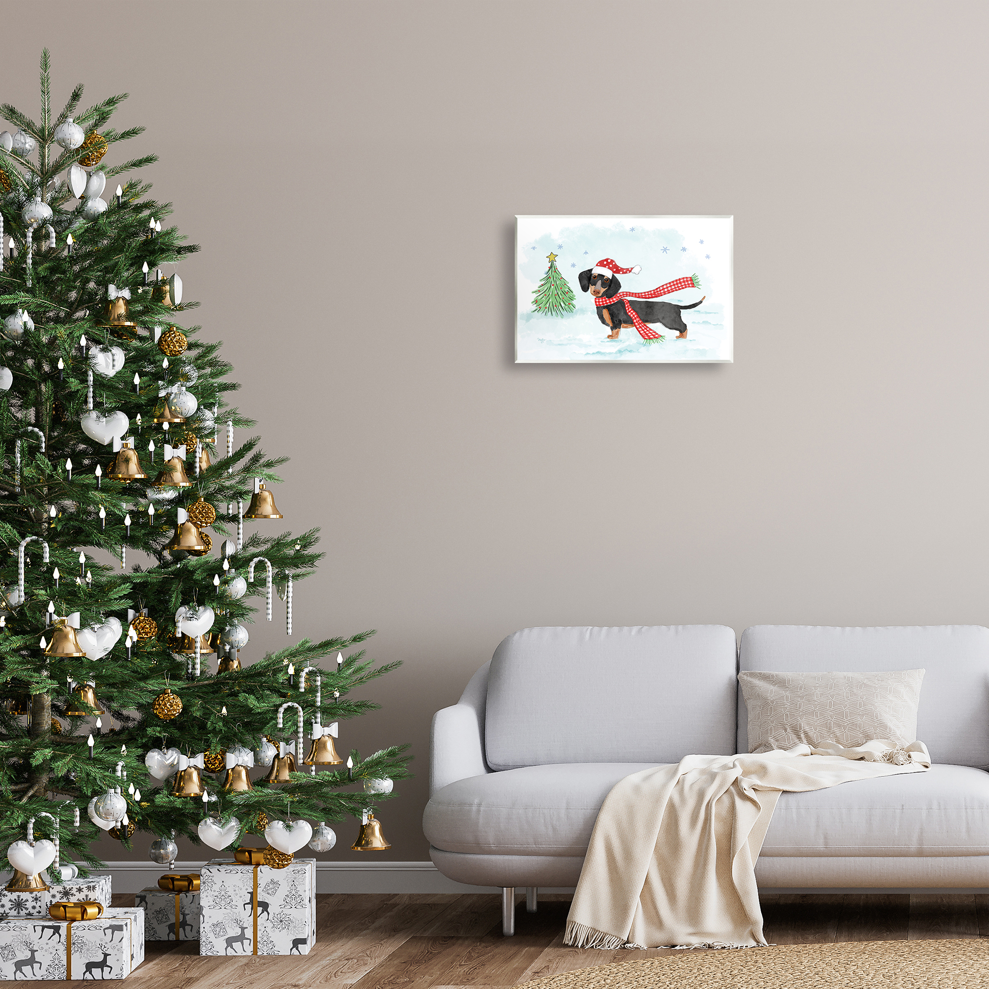 Stupell Industries Dachshund with Scarf Holiday Painting Unframed Art Prints Wall Art, 19 x 13