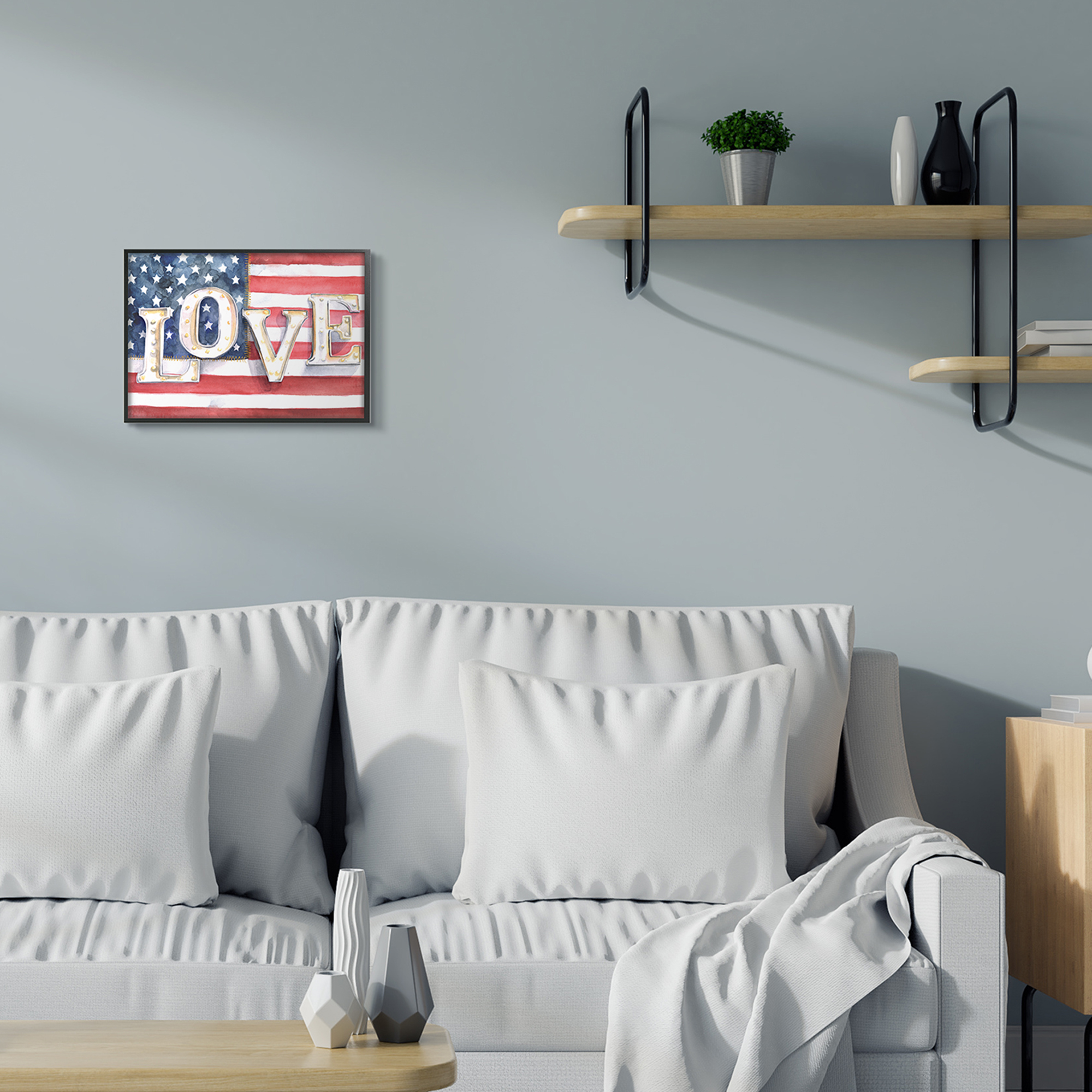 Stupell Industries Vintage Love Text Over Stitched American Flag Inspirational Painting Black Framed Art Print Wall Art, 11 x 14