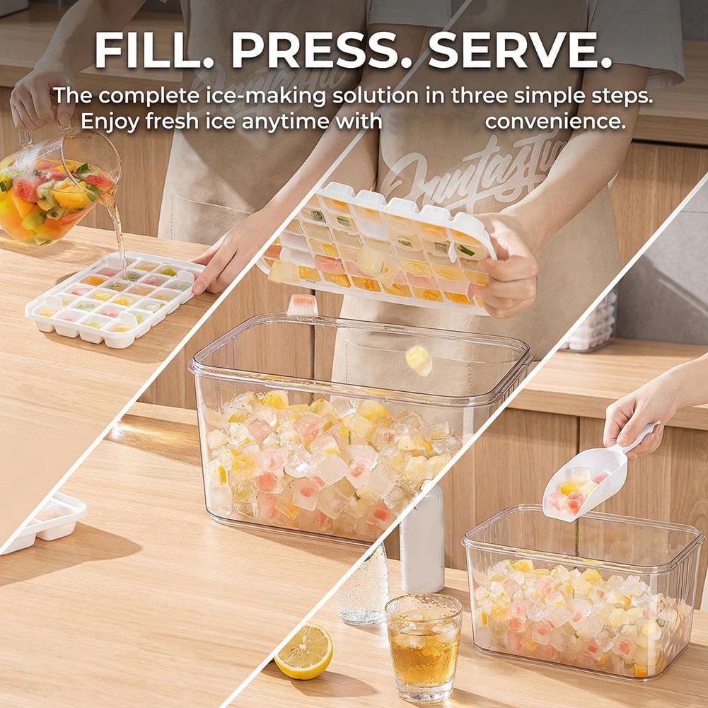 Ice Trays for Freezer with Lid and Bin, Crushed Ice Cube Trays with Storage Container & Scoop, Easy Release Stackable Plastic Icemaker for Whiskey, Cocktail, Iced Coffee
