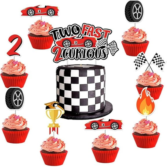 Race Car Two Fast 2 Curious Birthday Decorations for Boys, Red Racing Theme 2nd Party Supplies with Cake Cupcake Toppers for Baby Shower Racing Car Themed 2nd Birthday Party Supplies