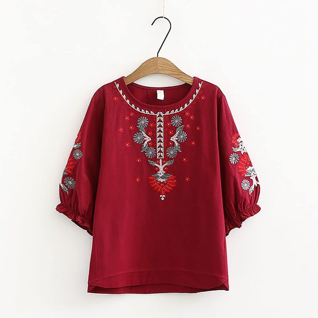 Fiudx Camisas de Mujer Camiseta Holgada Informal de Color para Primavera y Verano para Mujer, Tops Bordados de Manga Corta con Cuello Redondo, Blusa de Algodón y Lino