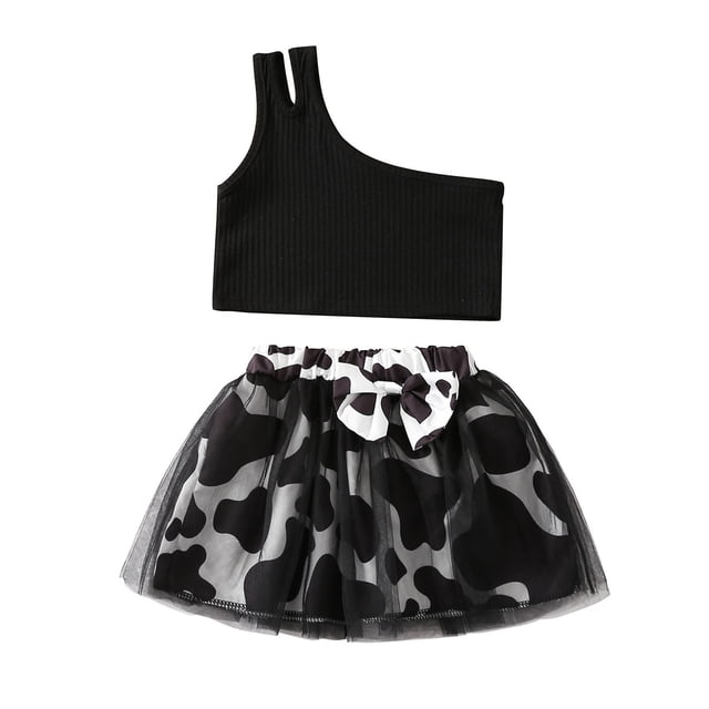 Gibobby faldas aesthetic Niños pequeños, bebés, niñas, sin mangas, chaleco acanalado, Tops, falda de tul con estampado de , conjunto de ropa(Negro, 5-6 Años)