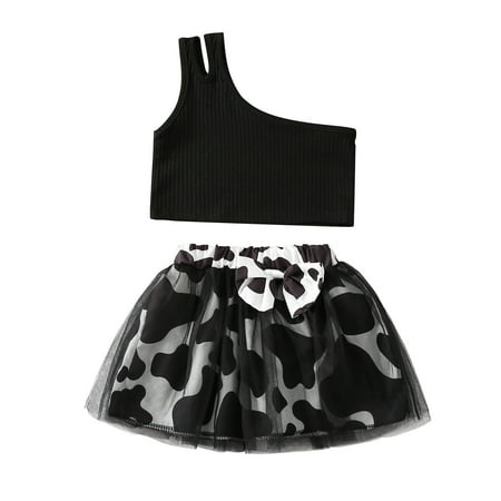 

2t Girls Clothes Kids Toddler Baby Girls Sleeveless Ribbed Vest Tops Cow Print Tulle Skirt Outfits Set Clothes