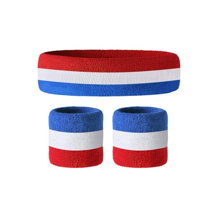 Awkward Styles Wrist Sweatbands Set of Wristband & Headband Perfect for Yoga Wristbands for Sports 80s Themed Wrist Sweatbands and Retro Headband Red White & Blue American Flag Headband and Wristbands