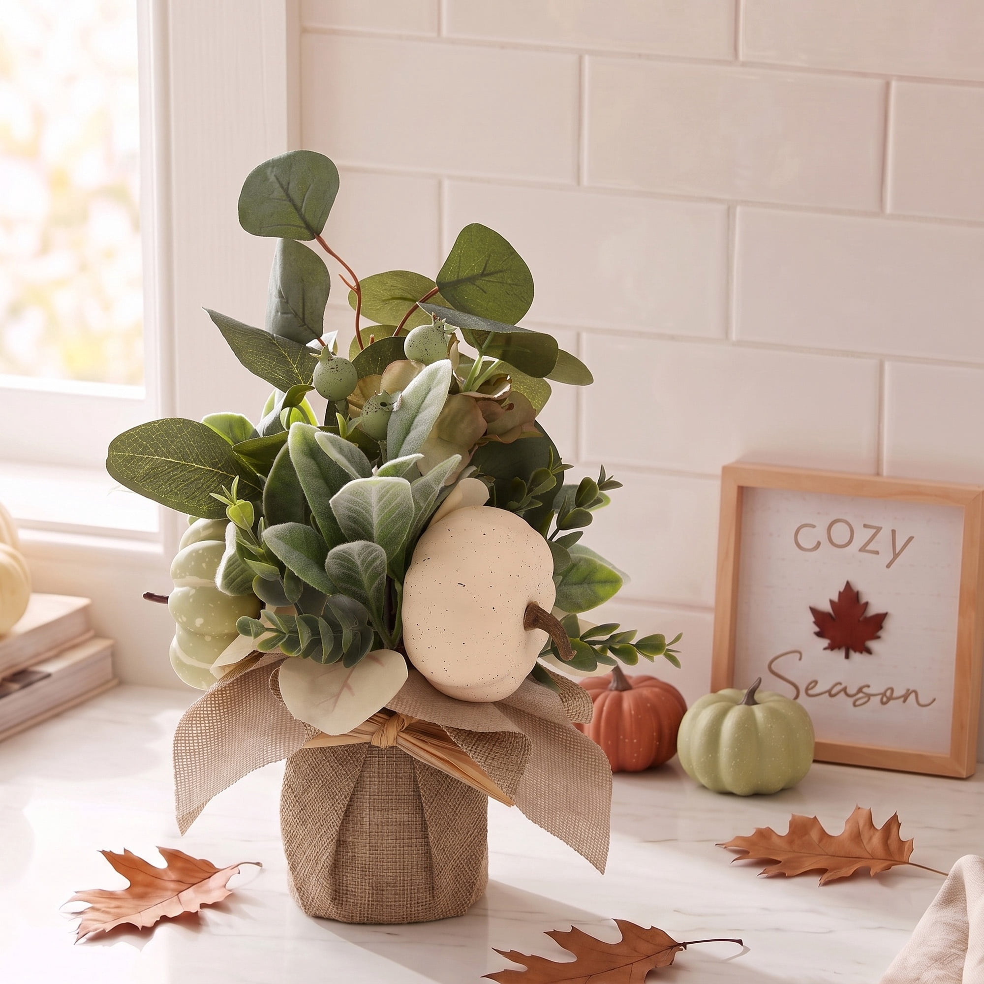 Leaves and Pumpkins Artificial Arrangement in Burlap Pot, Green and Cream, 10", Fall by Way To Celebrate