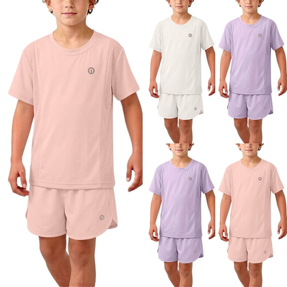 Spazoro Boys Athletic Outfit Sets, Solid Color T-Shirts & Shorts Quick-Dry UPF50 Summer 2PC Sets for Kids Pink Size 5 T