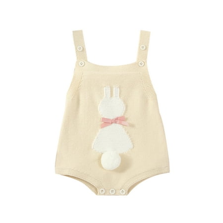 

Qiylii Baby Girls Easter Overalls Romper 0 3 6 9 12 Months Sleeveless Bunny Print Bow Knitted Bodysuit Newborn Spring Outfit