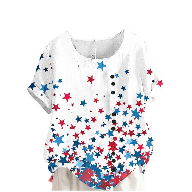 Vestidos Casuales Para Mujer, Blusas De Mujer De Moda Blusa informal de lino con botones y manga corta estampada para mujer