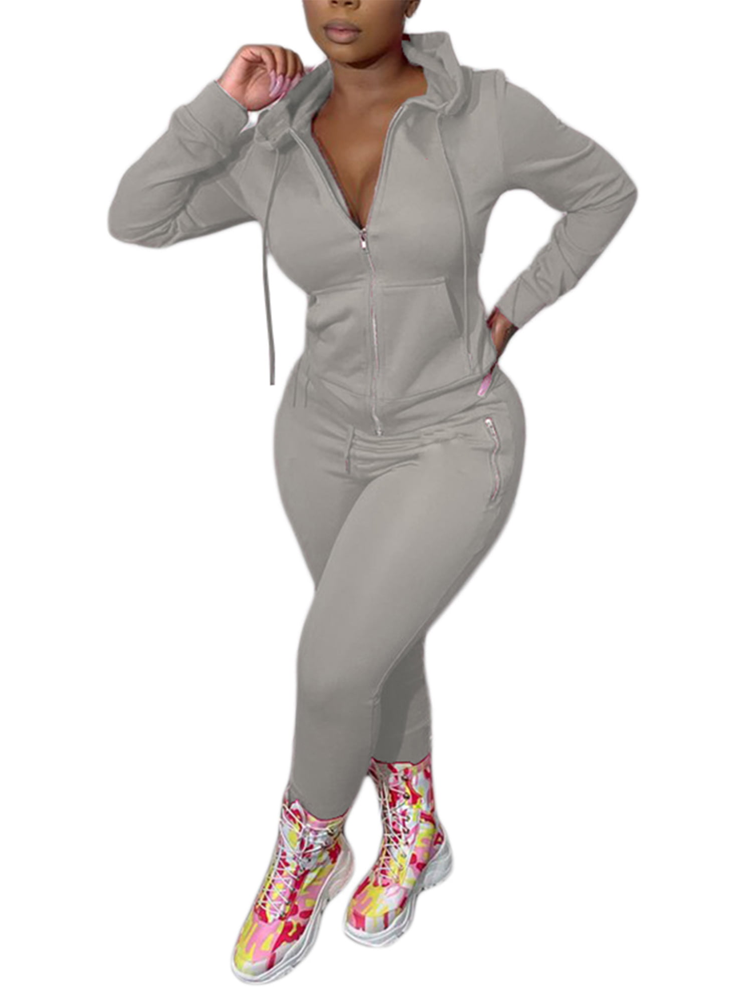 Long Pants 2 Piece Tracksuits Jumpsuit Set Casual Outfits for Women Color Block Long Sleeve Zipper Hoodies