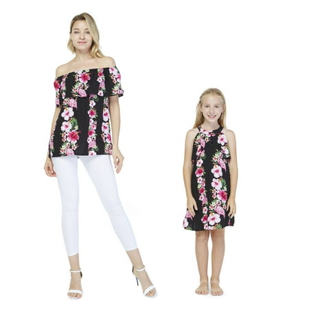 

Matching Hawaiian Luau Mother Daughter Off-Shoulder Top Ruffle Dress in Pink Hibiscusc Vine