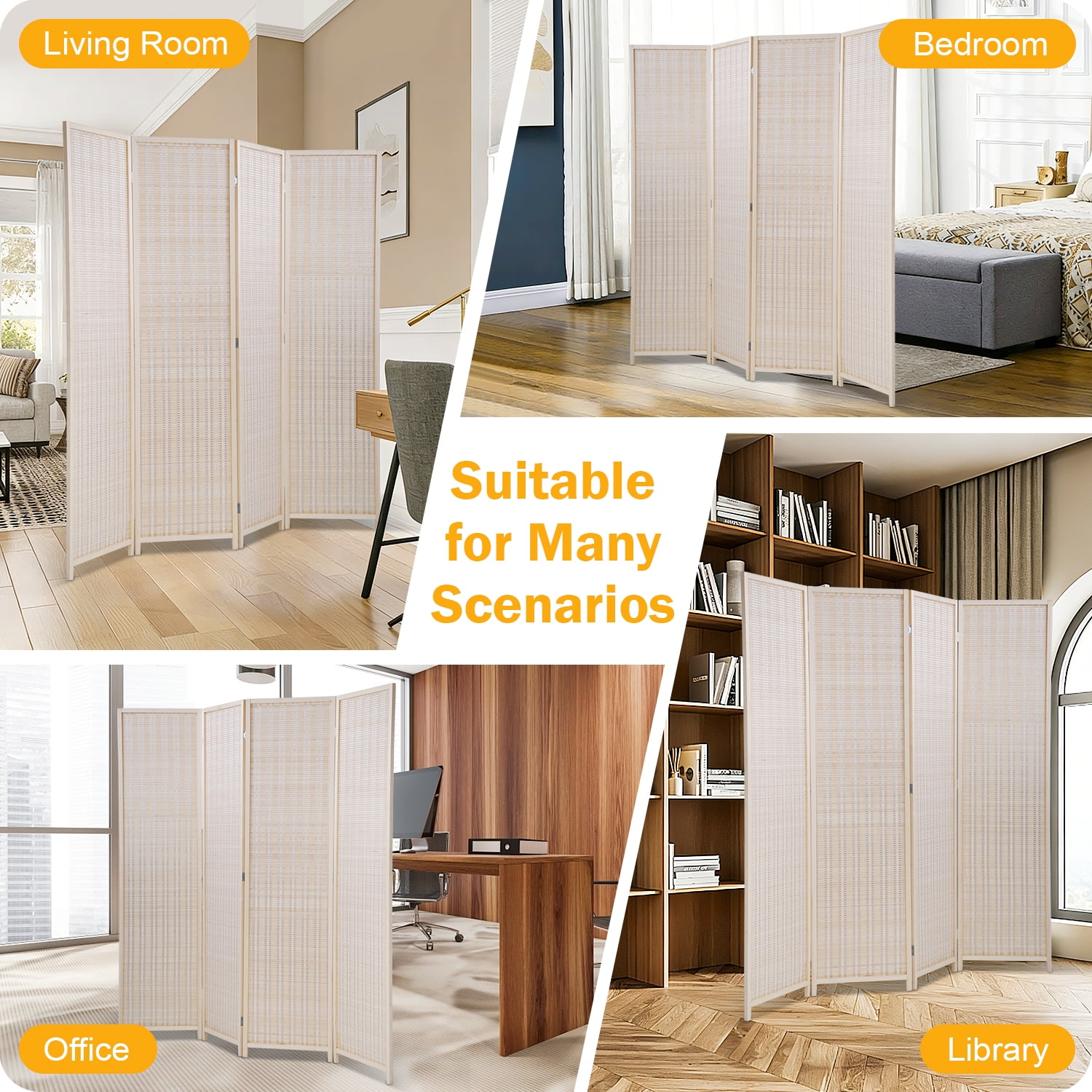 NiamVelo 4 Panel Room Dividers Folding Privacy Screen, Freestanding Screen Partitions Portable Room Seperating Divider for Office, Natural