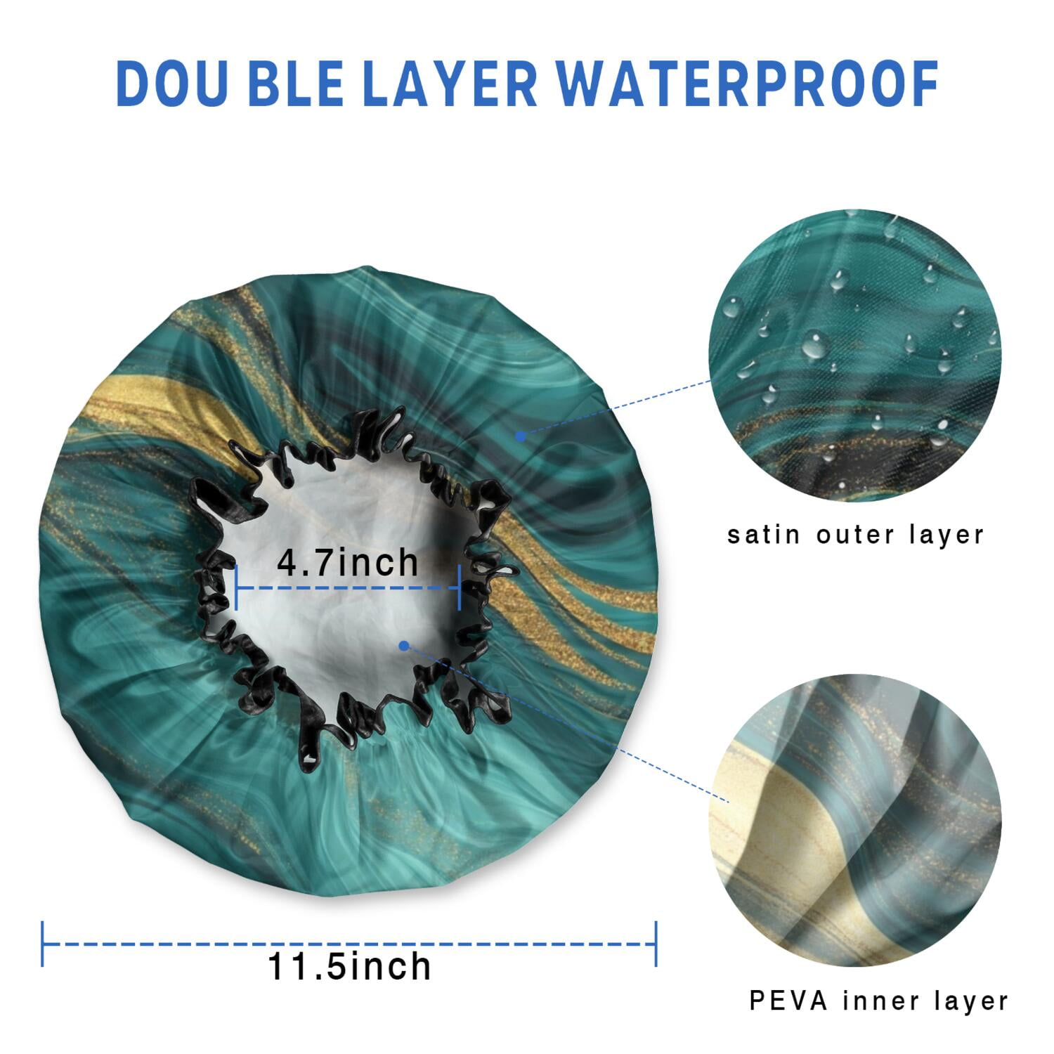 Shower Caps,Teal and Gold Marble Glitter Waves Pattern Waterproof Shower Cap for Women 4 Pieces,Double Reusable Hair Cover for Shower PEVA Elastic Stretch Hem