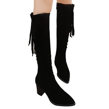 

Womens Boots Womens Knee High Boots Fashion Fringe Side Zipper Booties Pointed Toe Square Heel Boots Knee High Boots for Women