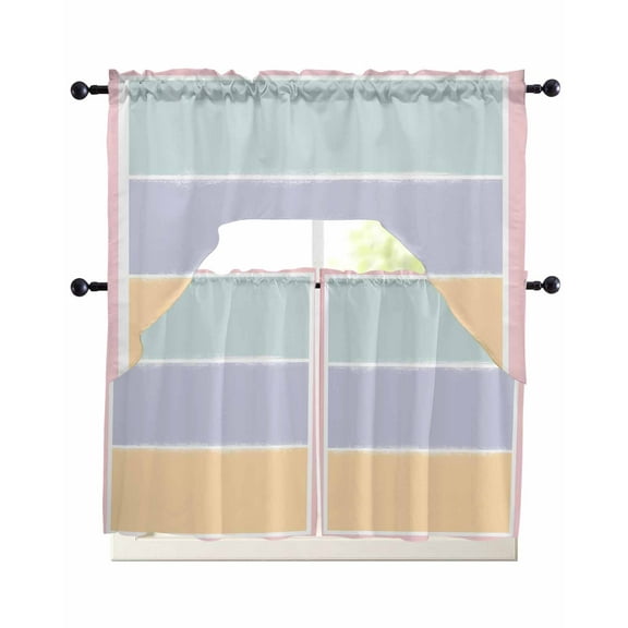 Green Purple Yellow Kitchen Curtains Sets 24 Inch Length with Valance, Colorful Blocks Abstract Striped Swag Valances and Tiers Curtain Set Drapes Swag Curtains for Living Room, Bathroom, Bedroom