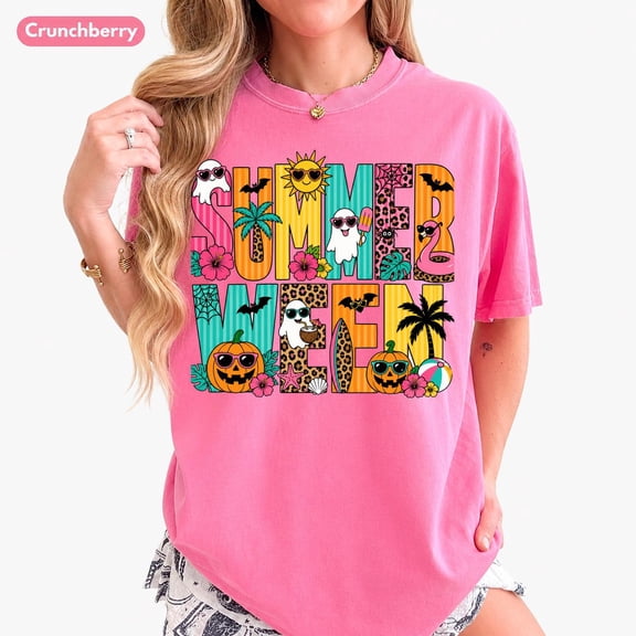 VibeNest Studio Unisex Summerween Spooky Summer Halloween Retro Tropical Garment Dyed Graphic T-Shirt