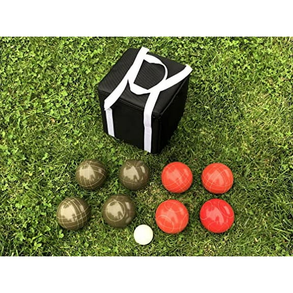 BuyBocceBalls New Listing - Unique Bocce Sets - 107mm with Olive Brown and Red Balls, Black Bag