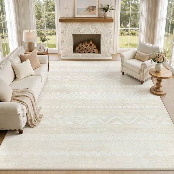 Washable 8' x 10' Beige Geometric Boho Modern Area Rug Low Pile Non Slip Soft Carpet for Living Room Bedroom Dining Room Home Office