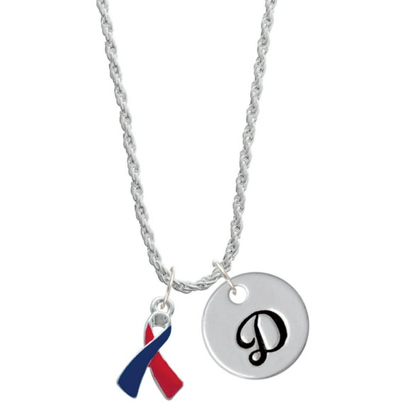 Delight Jewelry Silvertone Red & Blue Awareness Ribbon Silvertone Script Initial Disc - D - Charm Necklace, 20"+3"