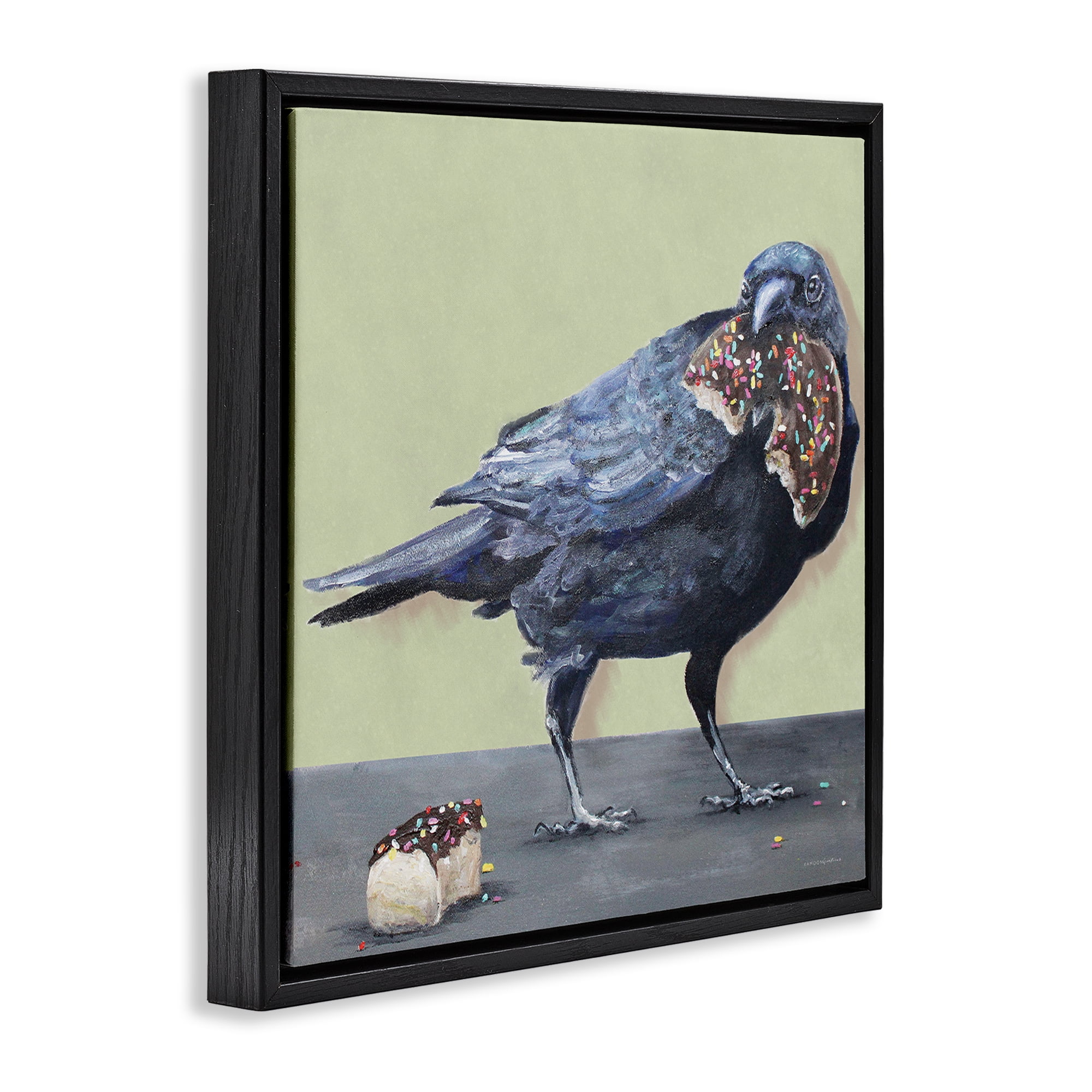 Stupell Industries Crow Eating Donut Food & Beverage Painting Black Floater Framed Canvas Art Print Wall Art, 25 x 25