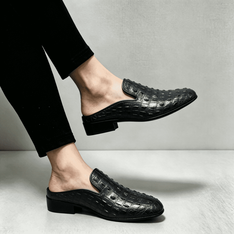 Men's Snake Print Backless Leather Mule Loafers Low Block Heel Slip On Fashion Stage Party Casual Dress Shoes