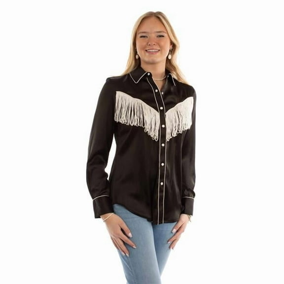 Scully HC922-BLK-XXL Western Shirt Womens Long Sleeve Fringe Snap Solid, Black - 2XL
