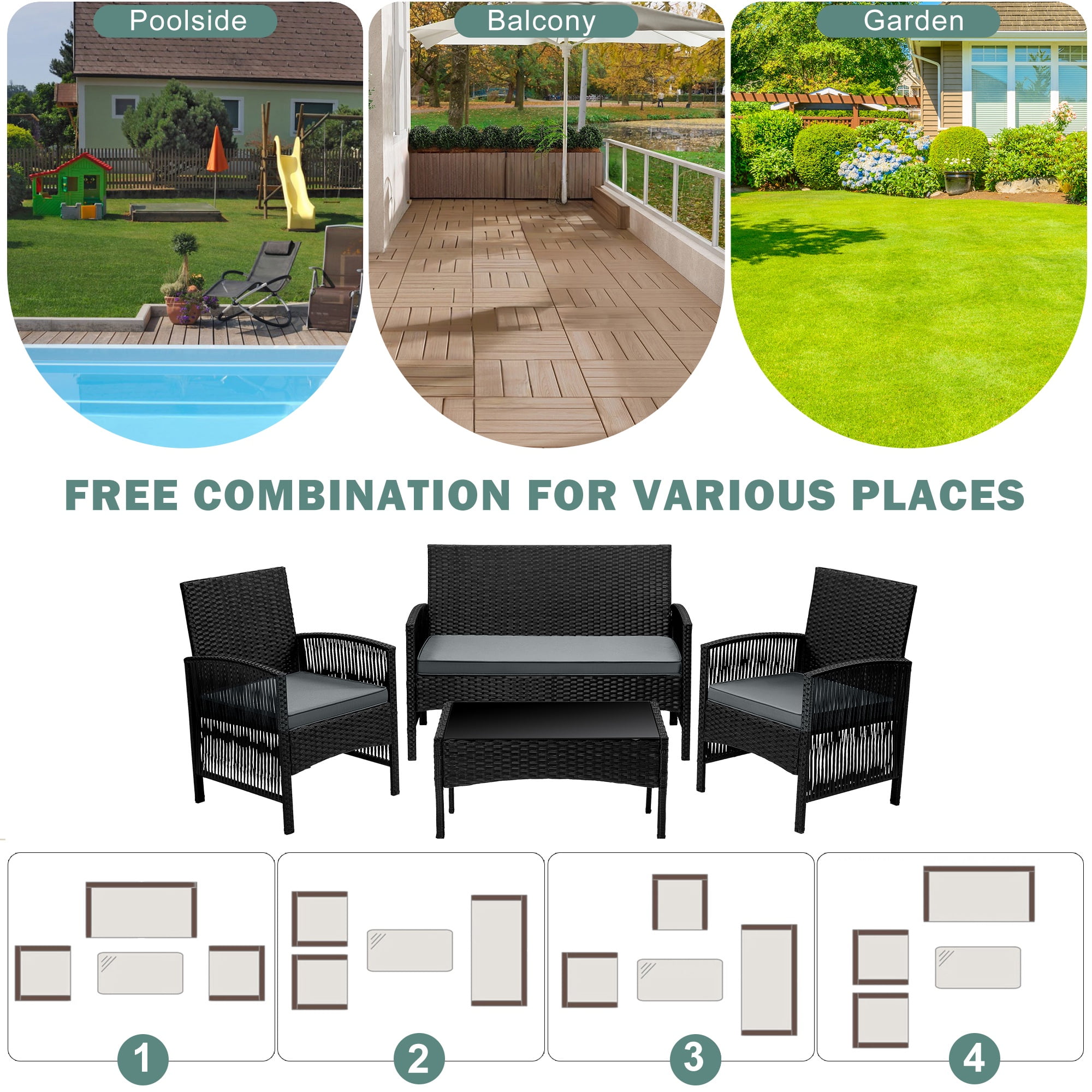 Outdoor Furniture Set, Segmart 4 Pieces Rattan Patio Sofa Set Cushioned Sofa & Charis, Deck Porch Poolside Furniture Conversation Set for 4 with Coffee Table, Gray