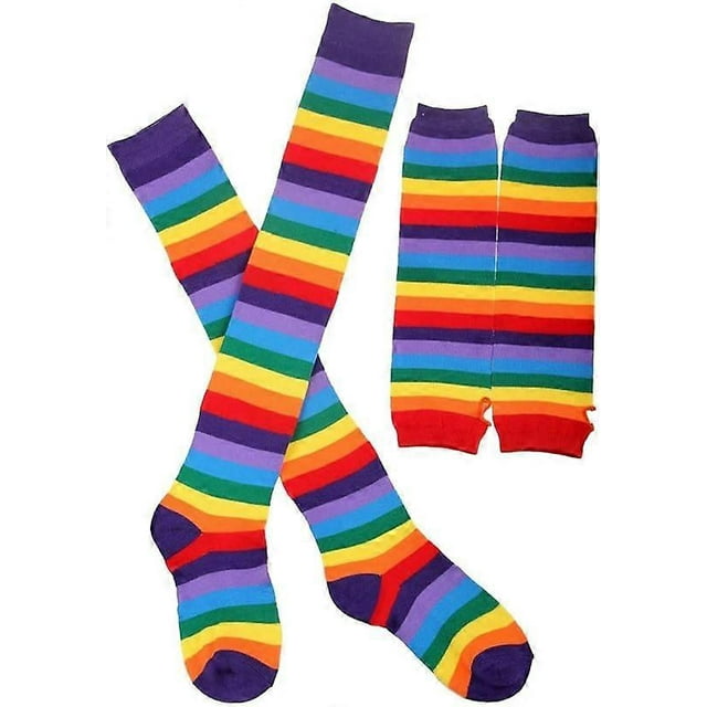 Leg Warmers Gloves for Women, Rainbow Strips Arm Warmer Leg Stocking Colorful Thigh High Socks Fingerless Gloves Sleeve Set