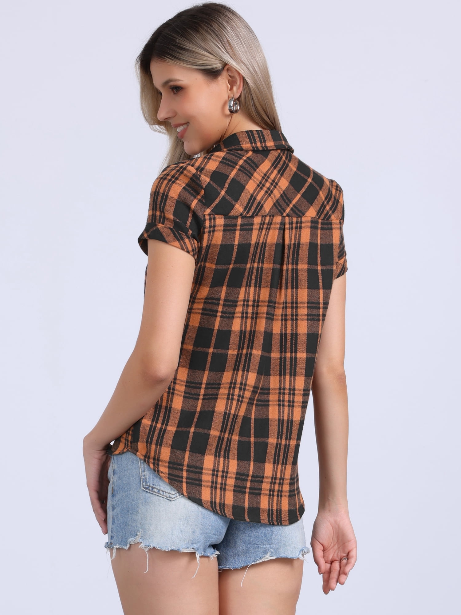 DARING DIVA Women's Plaid Shirts Cotton Short Sleeve Button Down Shirt M Black Orange