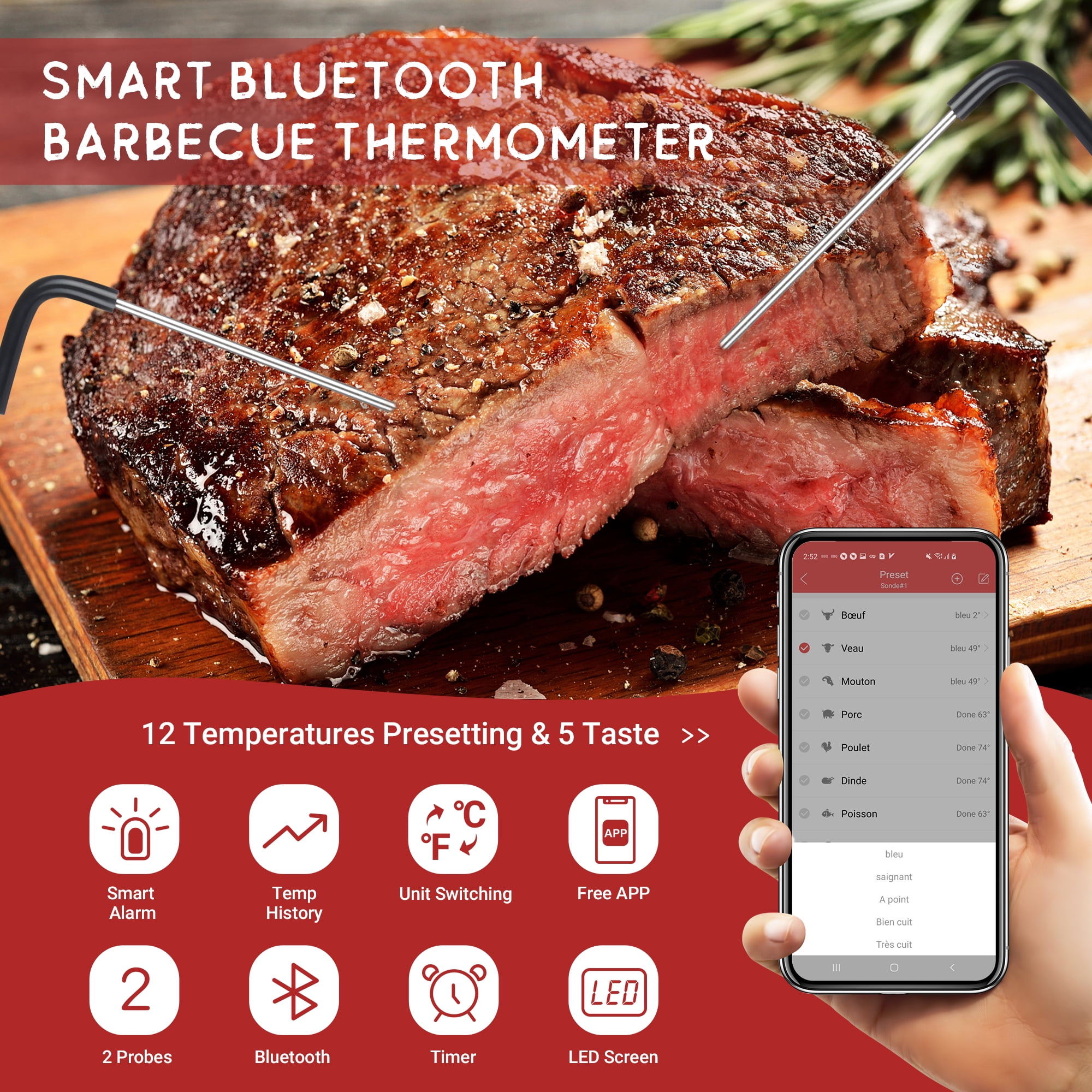 INKBIRD IBT-2X Portable Bluetooth Meat Thermometer with Count-Down  Alarm&Stainless Steel Probe for Home Kitchen Oven Grilling