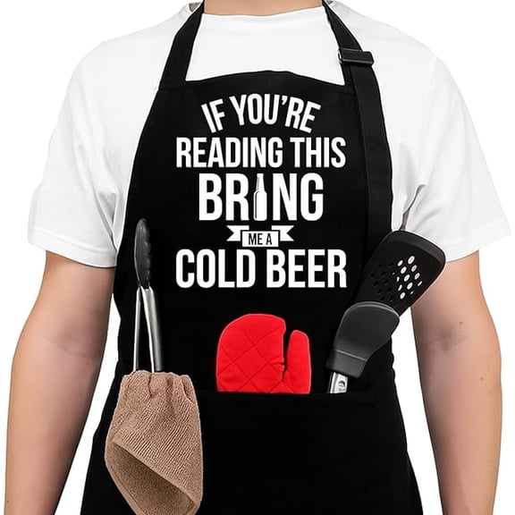 Neweleven Father’s Day Apron for Him, Dad, Husband, Funny Bring Me A Cold Beer Apron with Pockets, BBQ Kitchen Chef Apron