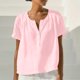thumbnail image 4 of Craaazy Women's Casual V Neck Blouse, Solid Color Short Sleeve Cotton Linen Top, Loose Fit Comfy Henley Tunic for Daily Wear Gifts, 4 of 9