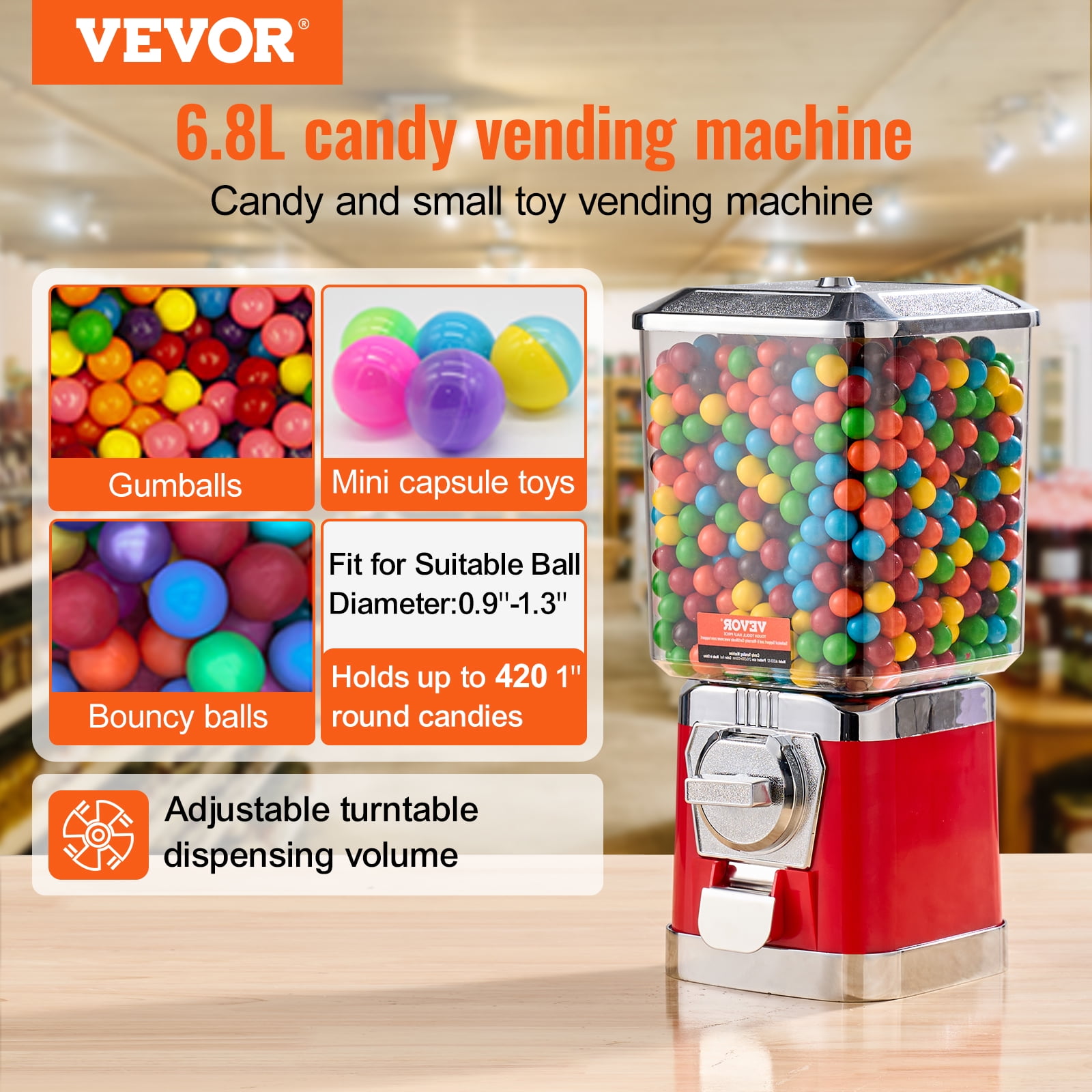 VEVOR Gumball Machine for Kids, 17"H Home Candy Vending Machine, PC Gumball Dispenser, Bubble Gum Machine for Game Stores, Coin Operated Gumball Bank