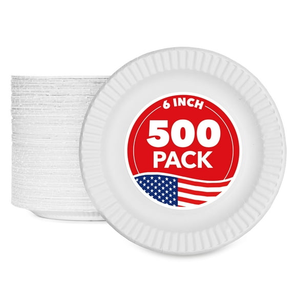 6" Paper Plates Uncoated Bulk Pack, Disposable Party Plates for Desserts Snacks Catering Events, White Dinnerware, 500 Count, White