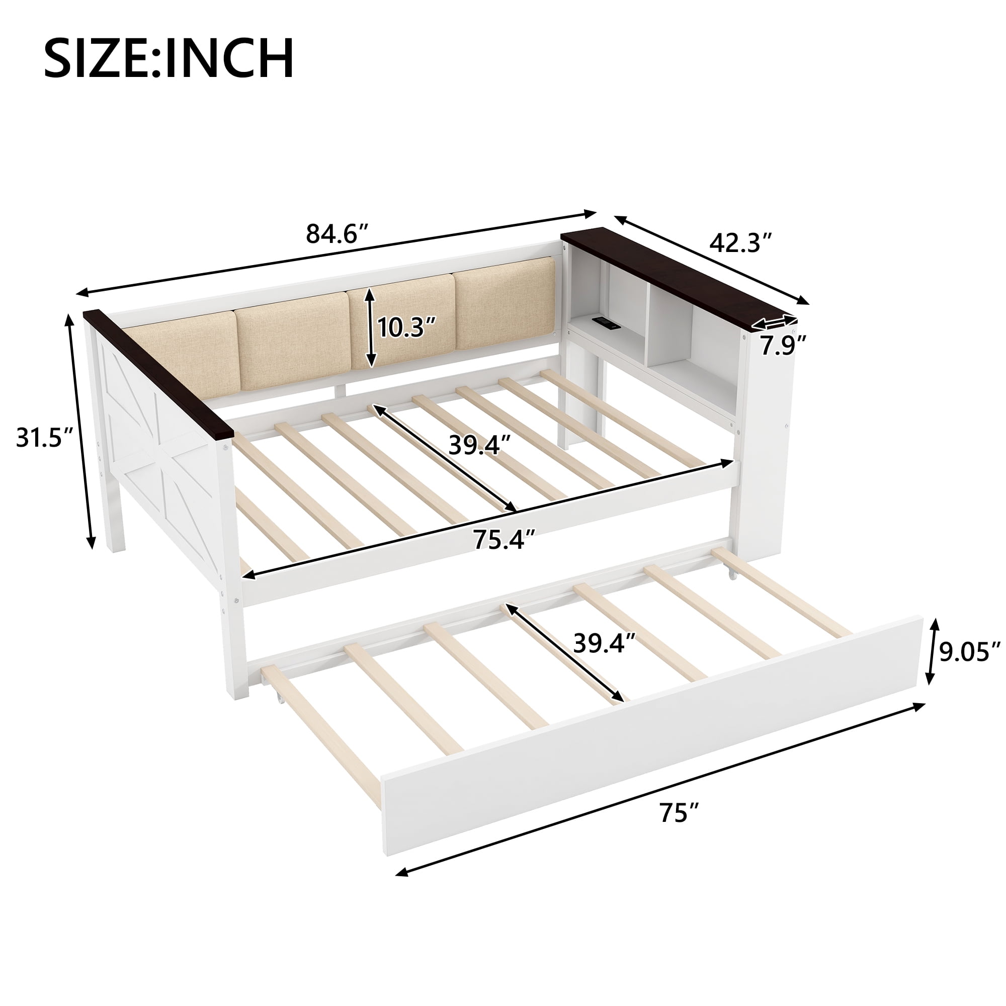 Alvantor Twin Size Wood Daybed with Trundle, Upholstered Bed Frame with Storage Shelves and USB, White