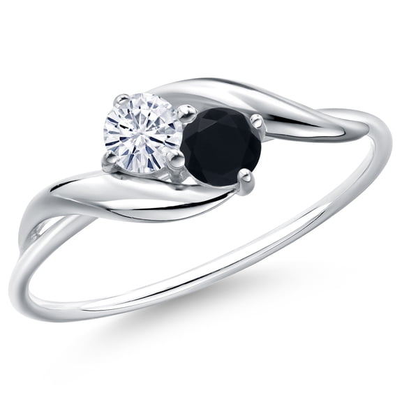 Gem Stone King 10K White Gold Round White Moissanite and Black Onyx Ring for Women (0.29 Cttw, Round 3.5MM, Gemstone Birthstone, Size 5)