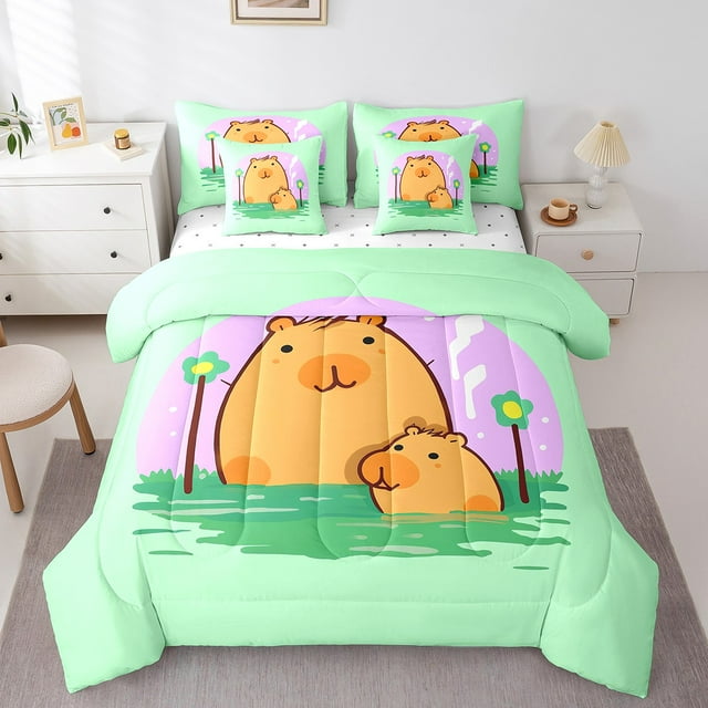 YST 7Pcs Kawaii Capybara Comforter Set, Colorful Cartoon Animal Bed in a Bag, Polyester, Twin Size (7 Count)