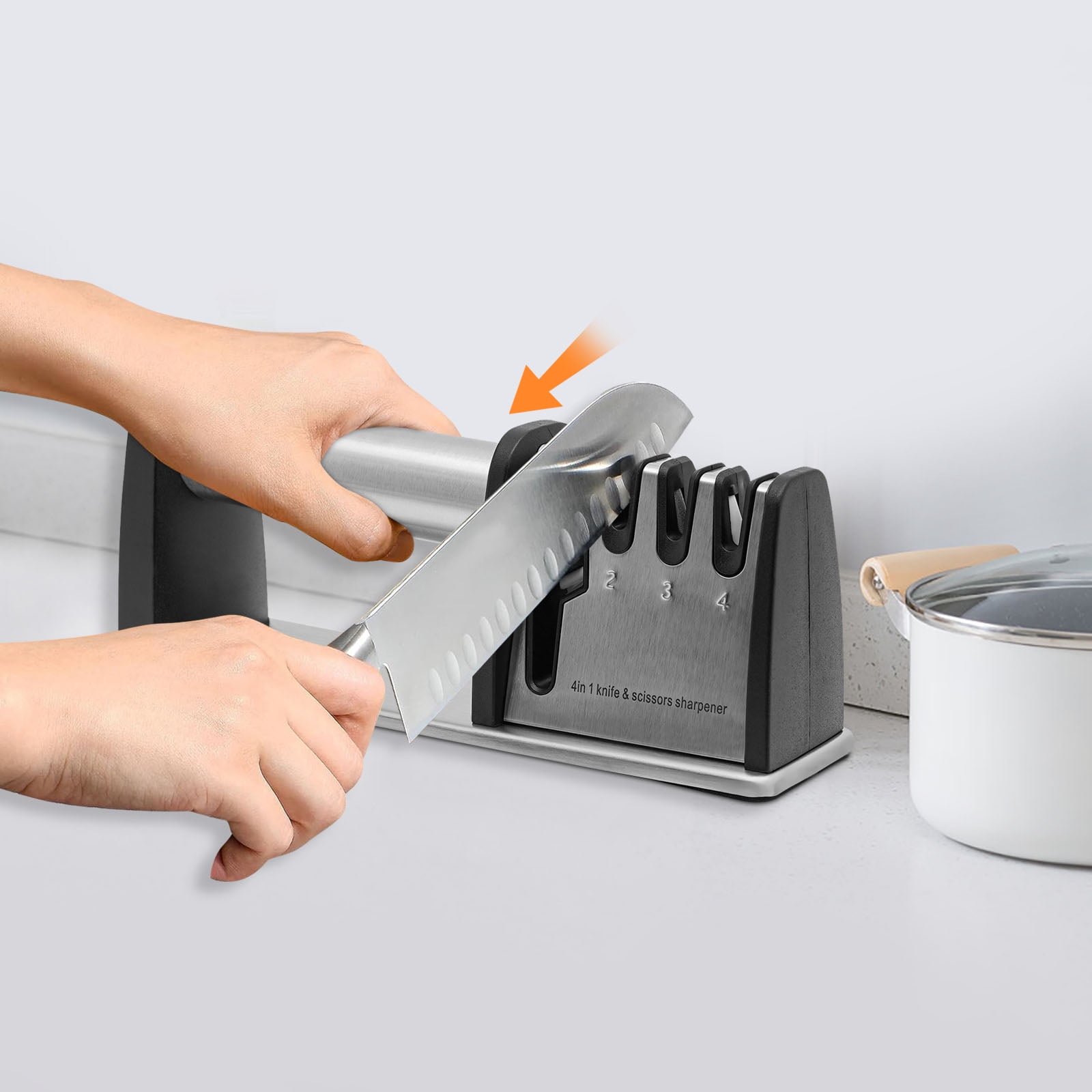 Knife Sharpeners, 4-Stage Kitchen Knives and Scissors Sharpening Tools, Professional Chef's Kitchen Knife Accessories to Repair Grind Polish Blade, Manual Kitchen Knife Sharpener(Silver）
