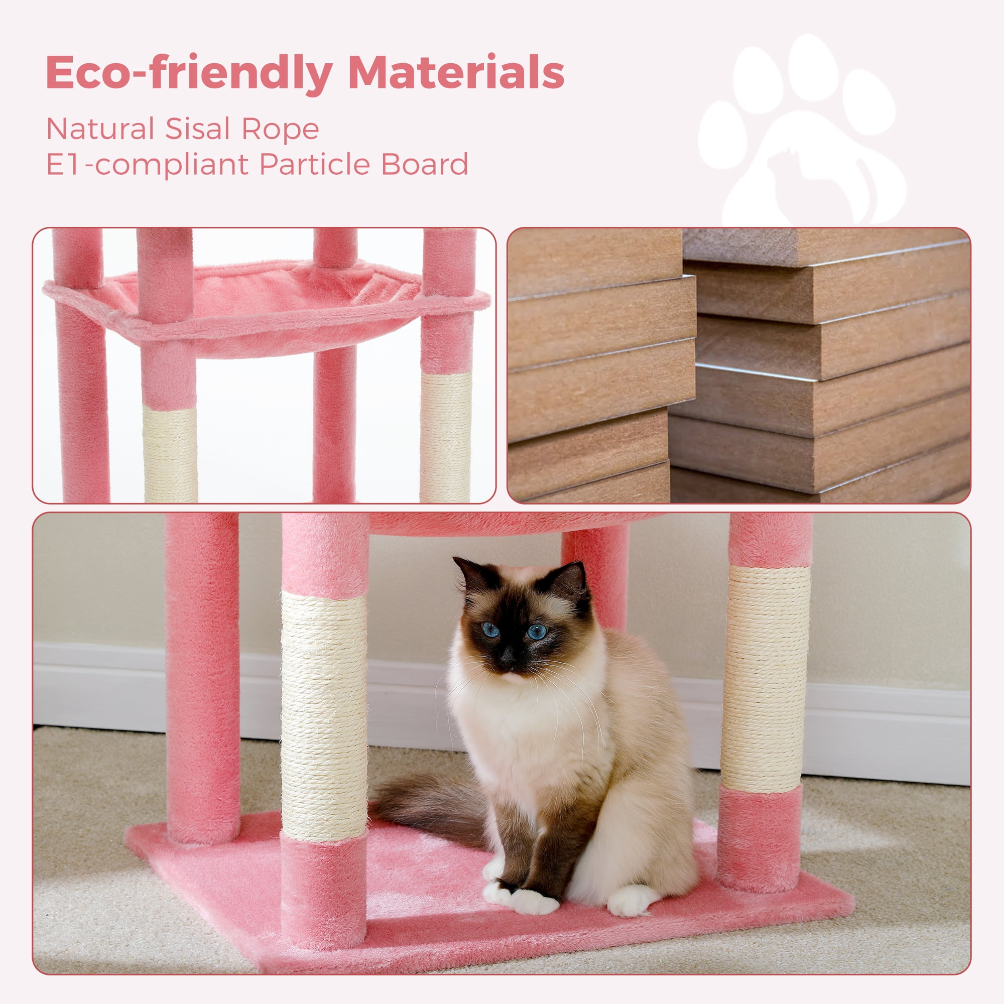 Pefilos 56" Wooden Cat Tower House for Large Cats Cat Tree for Indoor Cats with Cozy Cat Condo, Super Large Hammock and Plush Perches, Pink