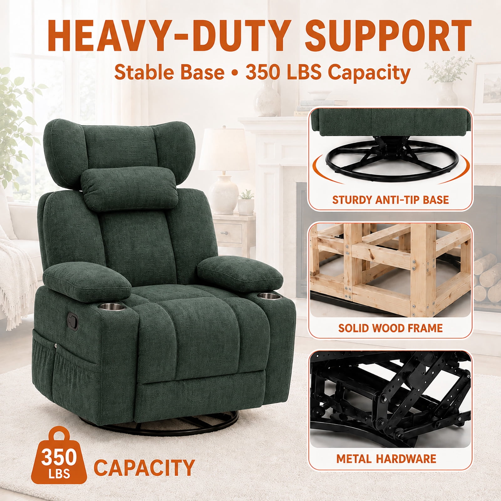 Leumius 360° Swivel Recliner Chair, Single Recliner with Adjustable Detachable Neck Pillow Ergonomic and Cup Holders, 300lbs Capacity Versatile Lounge Chair for Living Room Bedroom Home Theater