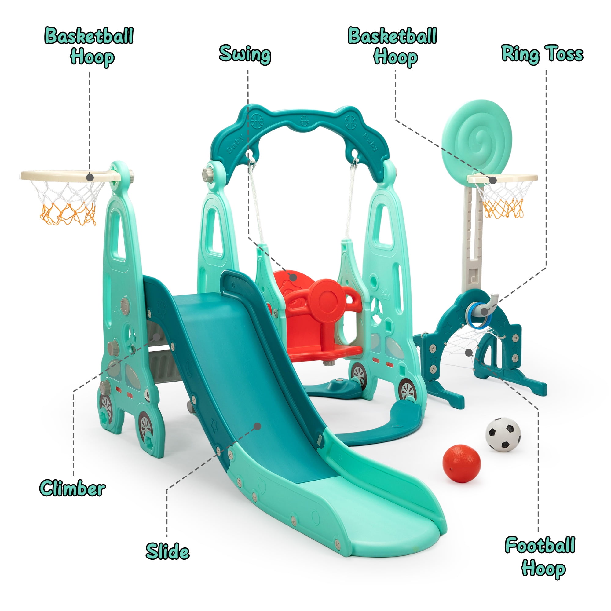 NYEEKOY 5 in 1 Toddler Slide and Swing Set, Indoor and Outdoor Kids Playset with Slide, Swing, Climber, Basketball Hoop and Ring Toss Game, Kids Slide and Swing Playground for Toddlers Age 1-8