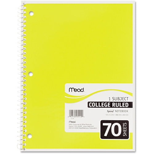 Mead Spiral Bound Notebook, College Rule, 8 x 10 1/2, 1 Subject, 70 Sheets, Colors May Vary